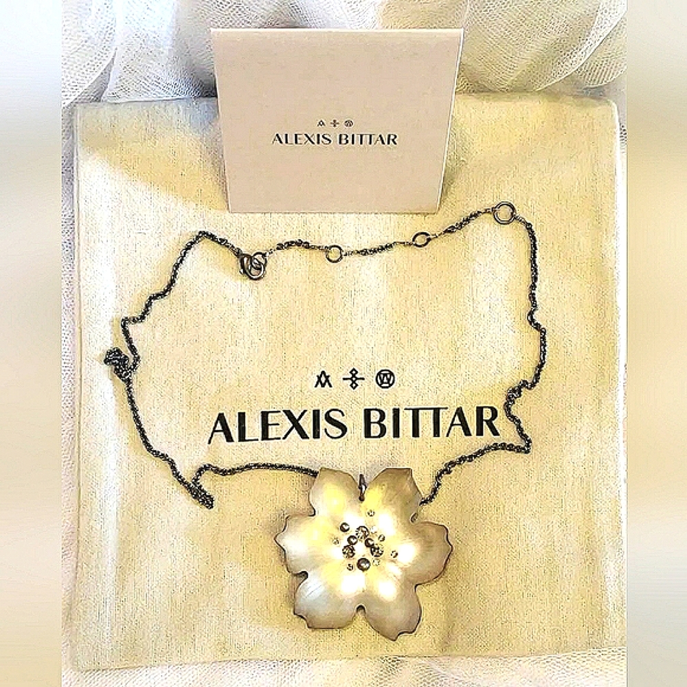 Alexis Bittar Champagne Lucite Crystal Flower Necklace